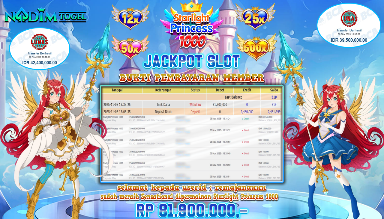 NADIMTOGEL JACKPOT SLOT STARLIGHT PRINCESS 1000 Rp 81.900.000,- LUNAS