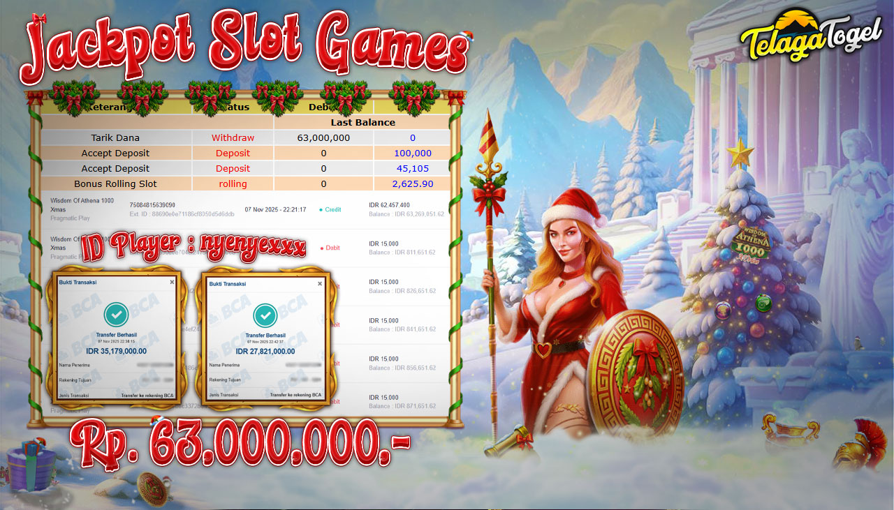 TELAGATOGEL JACKPOT SLOT WISDOM OF ATHENA 1000 XMAS Rp 63,000,000.- LUNAS  