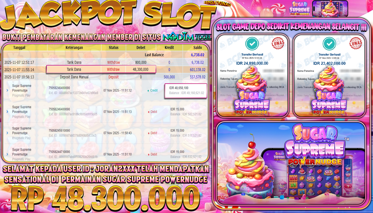 NADIMTOGEL JACKPOT SLOT SUGAR SUPREME POWERNUDGE Rp 48.300.000,- LUNAS