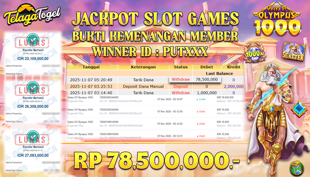 TELAGATOGEL JACKPOT SLOT GATES OF OLYMPUS 1000 Rp 78,500,000.- LUNAS  