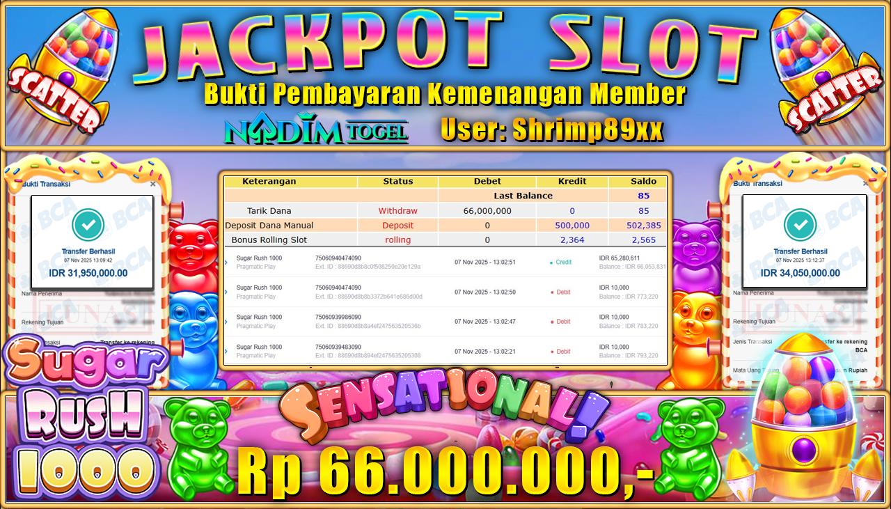 NADIMTOGEL JACKPOT SLOT SUGAR RUSH-1000 Rp 66.000.000,- LUNAS