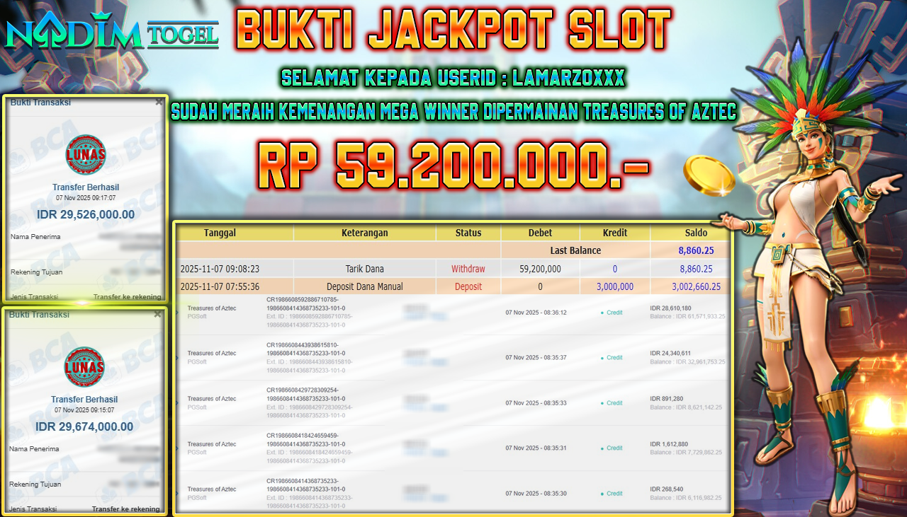 NADIMTOGEL JACKPOT SLOT TREASURES OF AZTEC Rp 59.200.000,- LUNAS