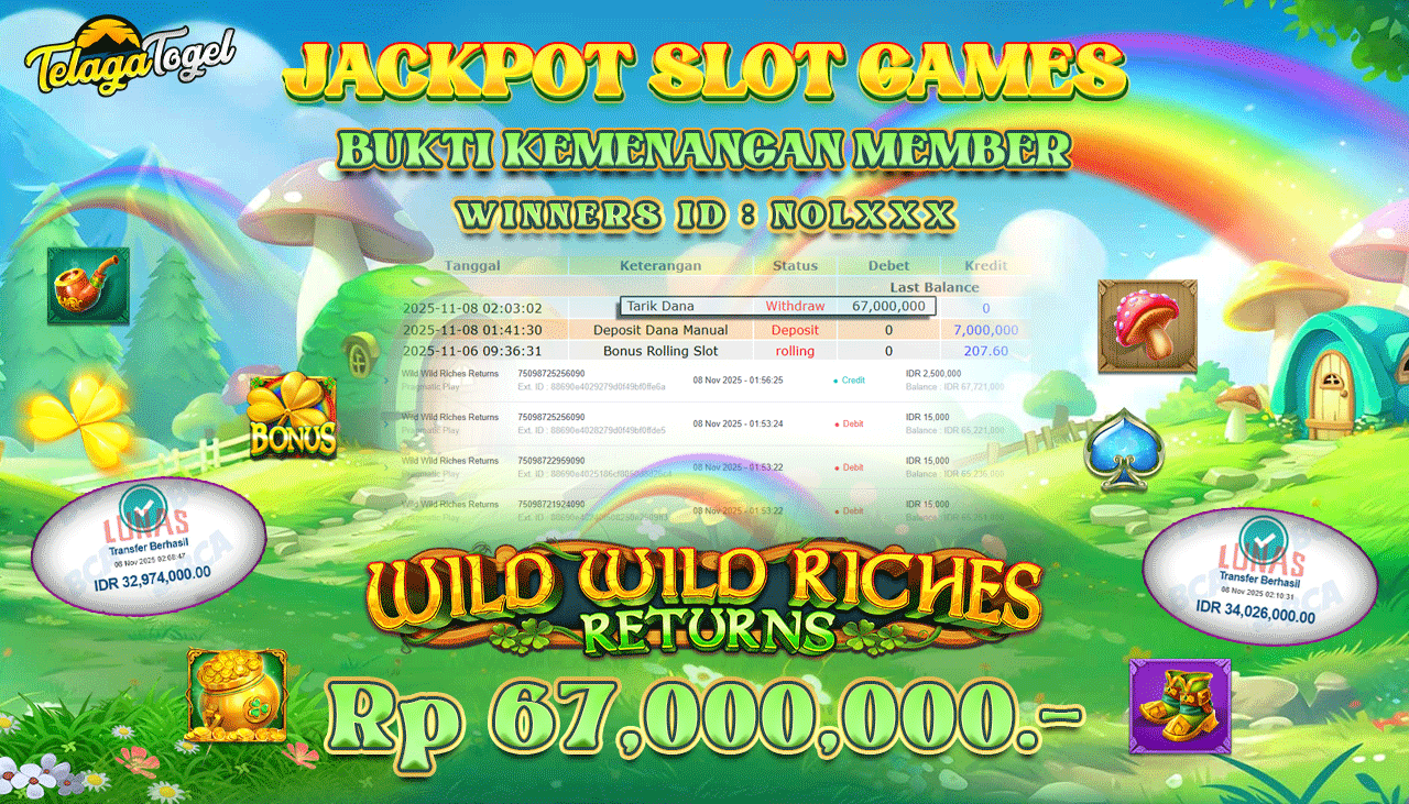 TELAGATOGEL JACKPOT SLOT WILD WILD RICHES RETURNS Rp 67,000,000.- LUNAS  