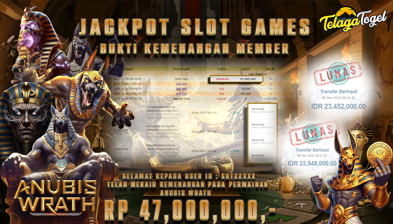 TELAGATOGEL JACKPOT SLOT ANUBIS WRATH Rp 47,000,000.- LUNAS  