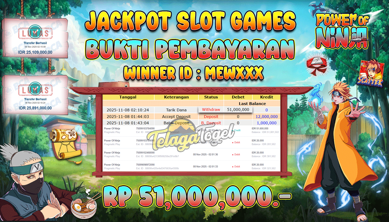 TELAGATOGEL JACKPOT SLOT POWER OF NINJA Rp 51,000,000.- LUNAS  