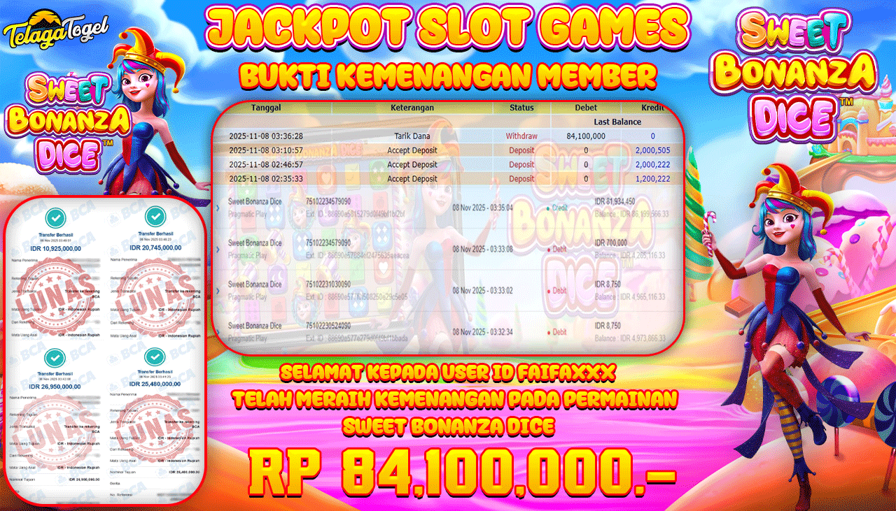 TELAGATOGEL JACKPOT SLOT SWEET BONANZA DICE Rp 84,100,000.- LUNAS  