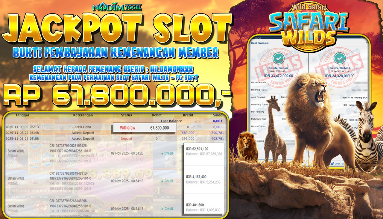 NADIMTOGEL JACKPOT SLOT SAFARI WILDS Rp 67.800.000,- LUNAS