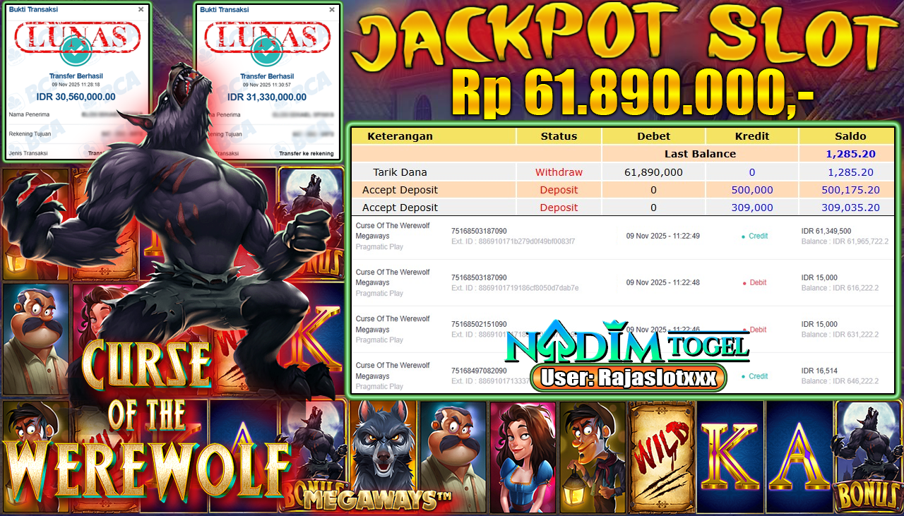 NADIMTOGEL JACKPOT SLOT CURSE OF THE WETEWOLF - MEGAWAYS Rp 61.890.000,- LUNAS