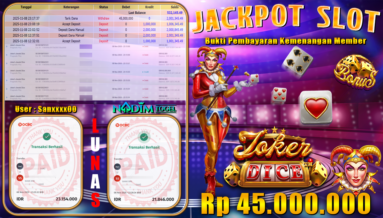 NADIMTOGEL JACKPOT SLOT JOKER S JEWELS DICE Rp 45.000.000,- LUNAS