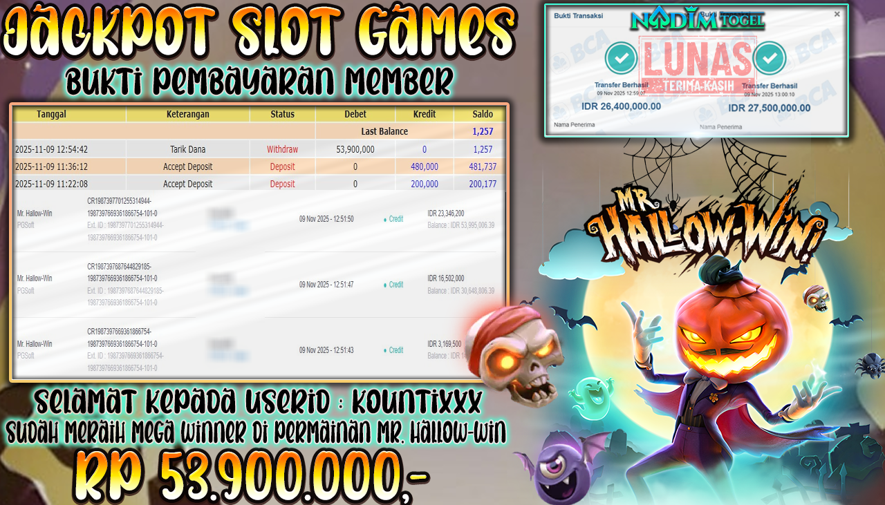 NADIMTOGEL JACKPOT SLOT MR. HALLOW-WIN- PGSOFT Rp 53.900.000,- LUNAS