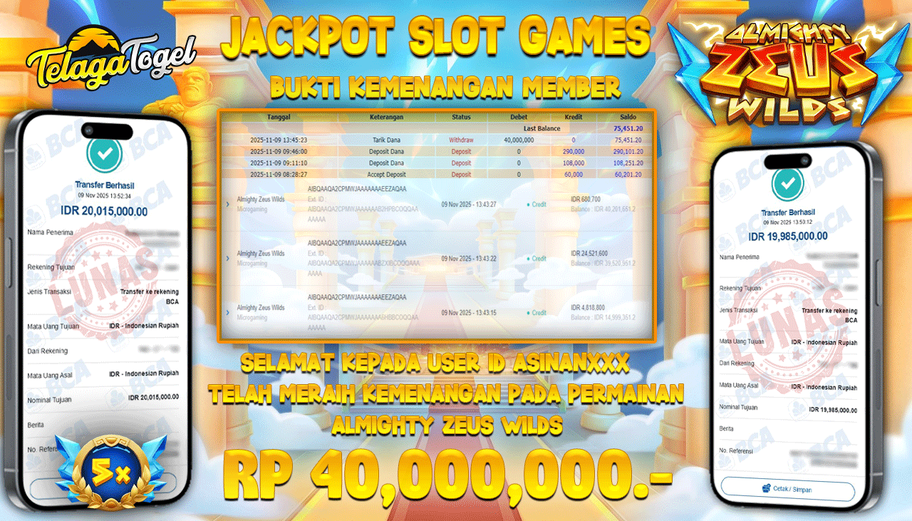 TELAGATOGEL JACKPOT SLOT ALMIGHT ZEUS WILDS Rp 40,000,000.- LUNAS  
