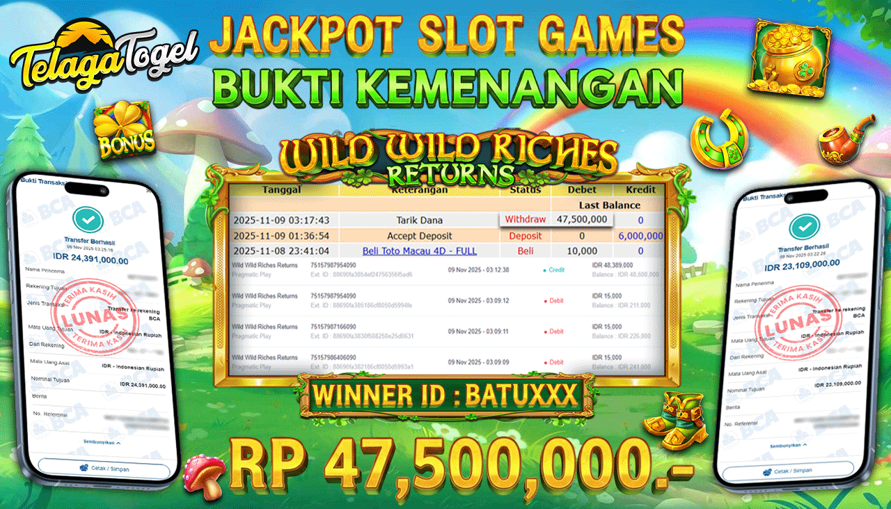 TELAGATOGEL JACKPOT SLOT WILD WILD RICHES RETURNS Rp 47,500,000.- LUNAS  