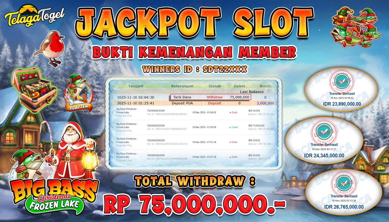 TELAGATOGEL JACKPOT SLOT BIG BASS CHRISTMAS - FROZEN LAKE Rp 75,000,000.- LUNAS  