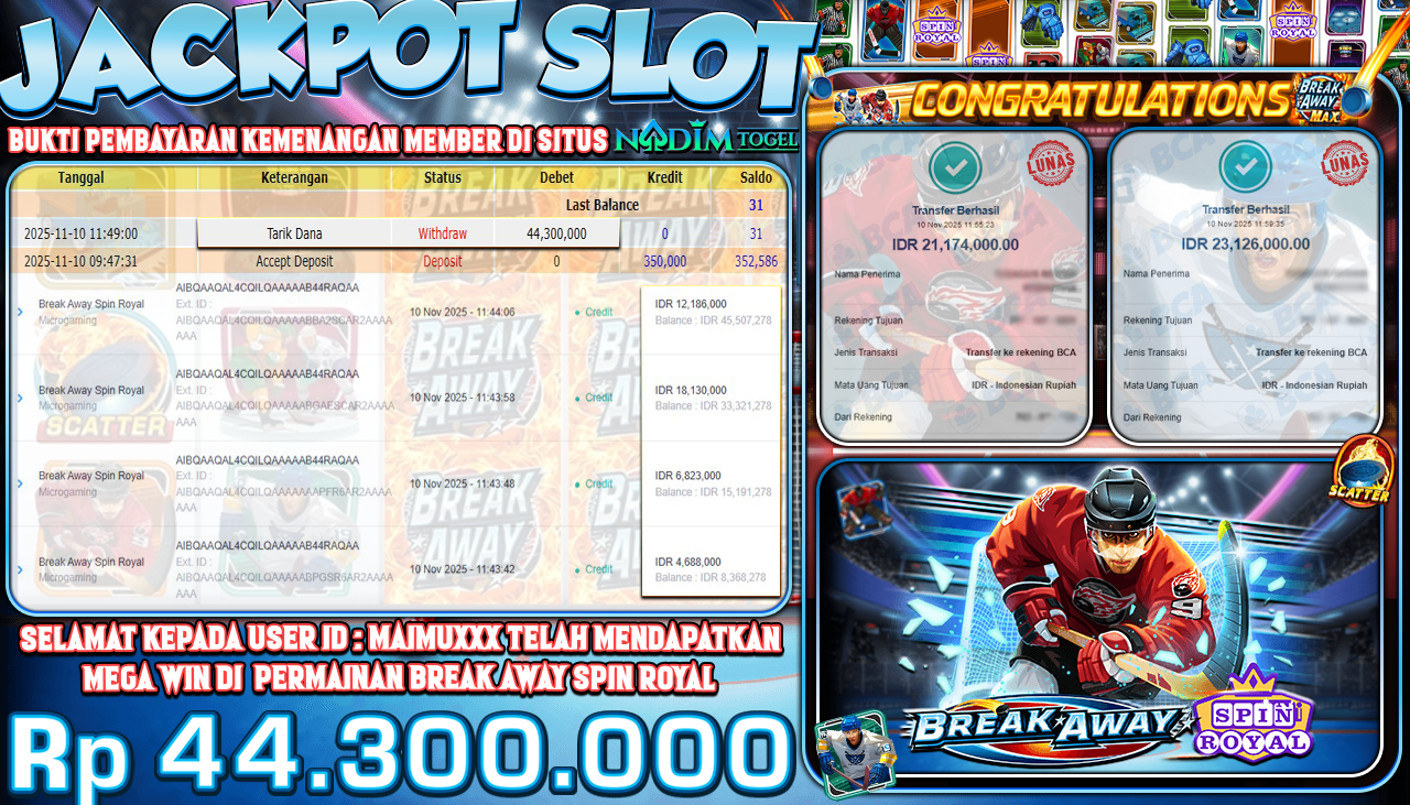 NADIMTOGEL JACKPOT SLOT BREAK AWAY SPIN ROYAL Rp 44.300.000,- LUNAS