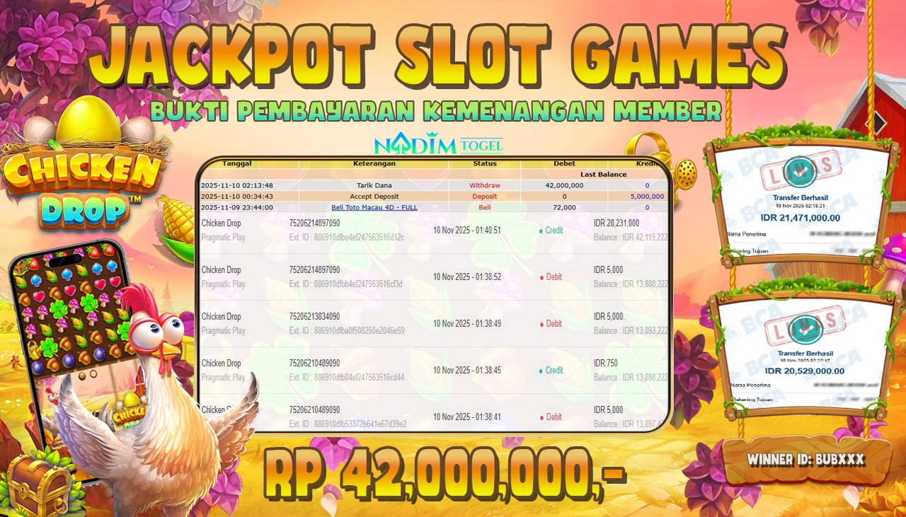 NADIMTOGEL JACKPOT SLOT CHICKEN DROP Rp 42.000.000,- LUNAS