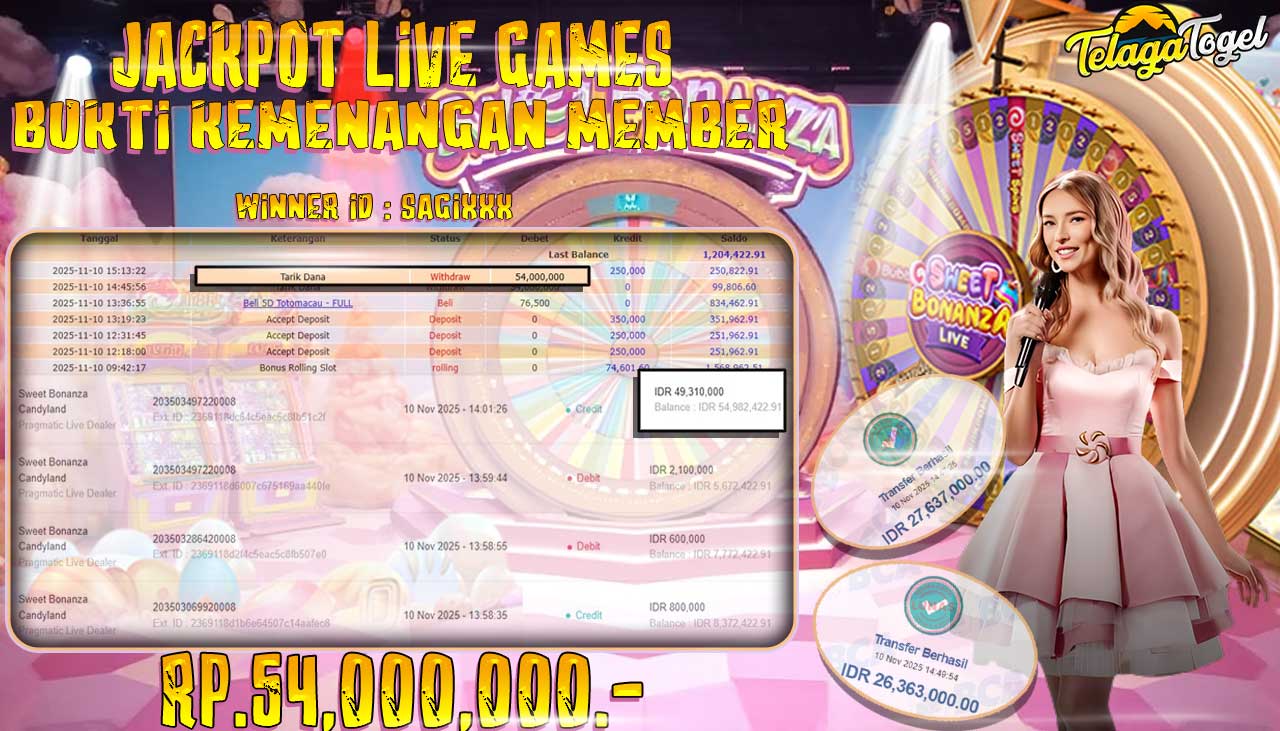 TELAGATOGEL JACKPOT LIVE GAMES SWEET BONANZA CANDYLAND Rp 54,000,000.- LUNAS  