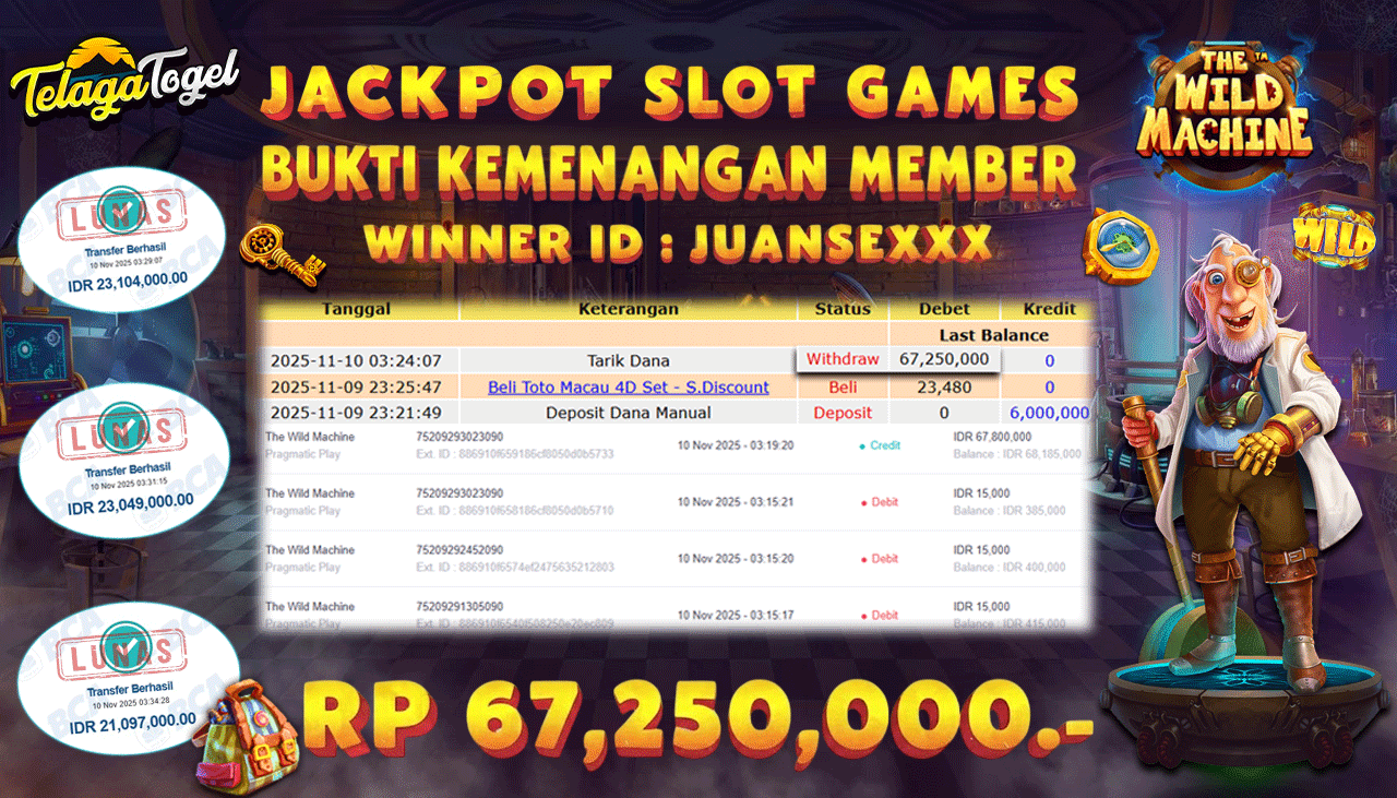 TELAGATOGEL JACKPOT SLOT THE WILD MACHINE Rp 67,250,000.- LUNAS  