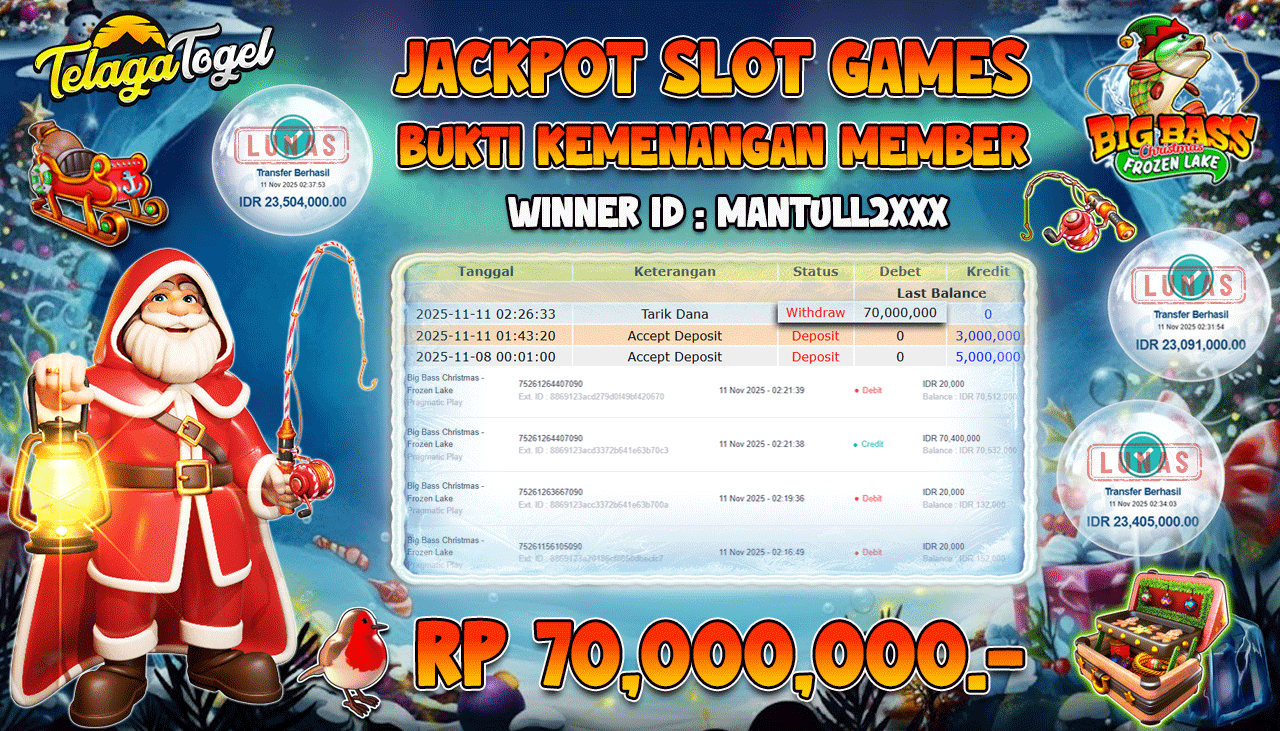 TELAGATOGEL JACKPOT SLOT BIG BASS CHRISTMAS - FROZEN LAKE Rp 70,000,000.- LUNAS  