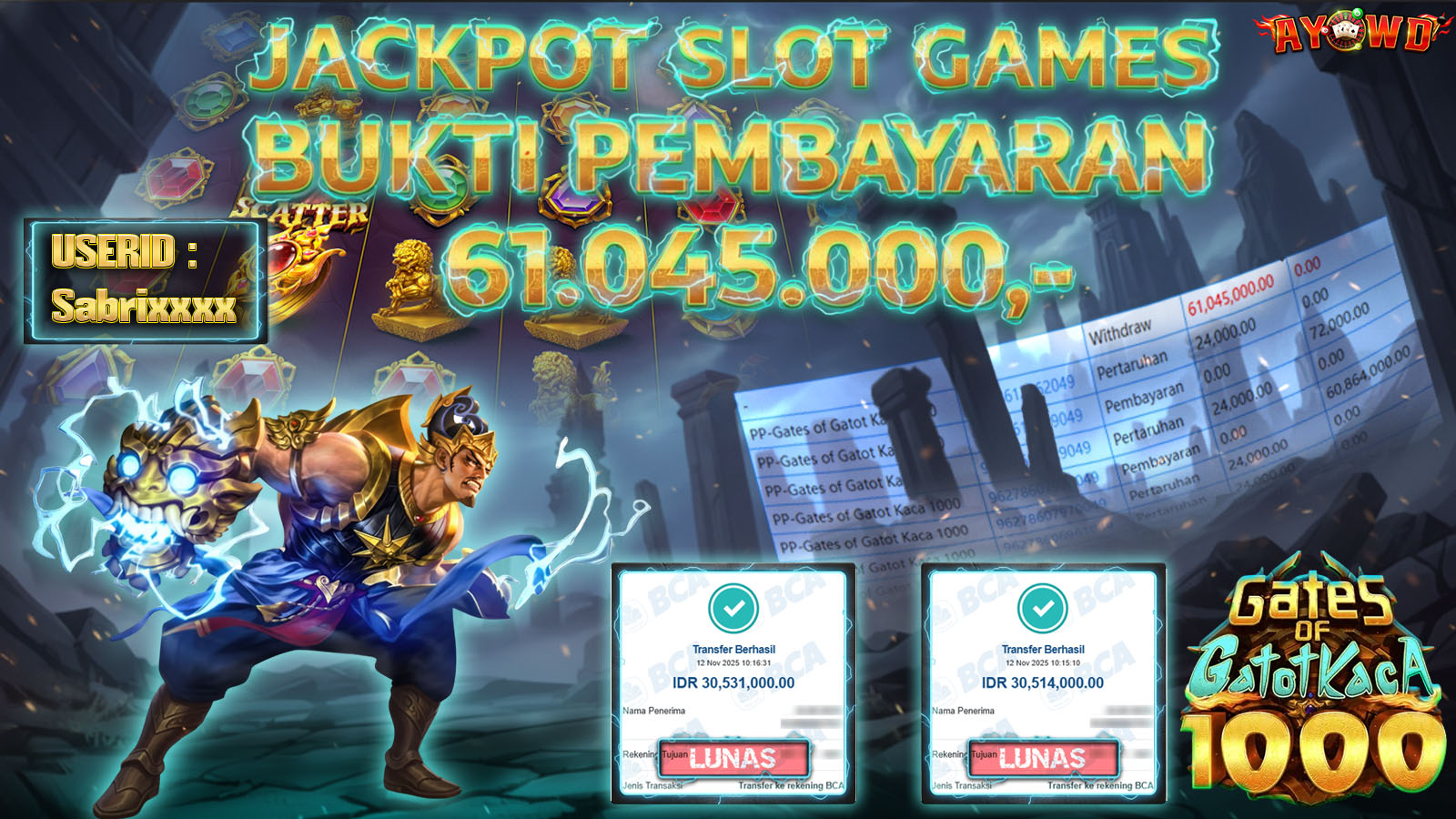 AYOWD JACKPOT SLOT GAMES PP-Gates of Gatot Kaca 1000 Rp 61,045,000,- LUNAS