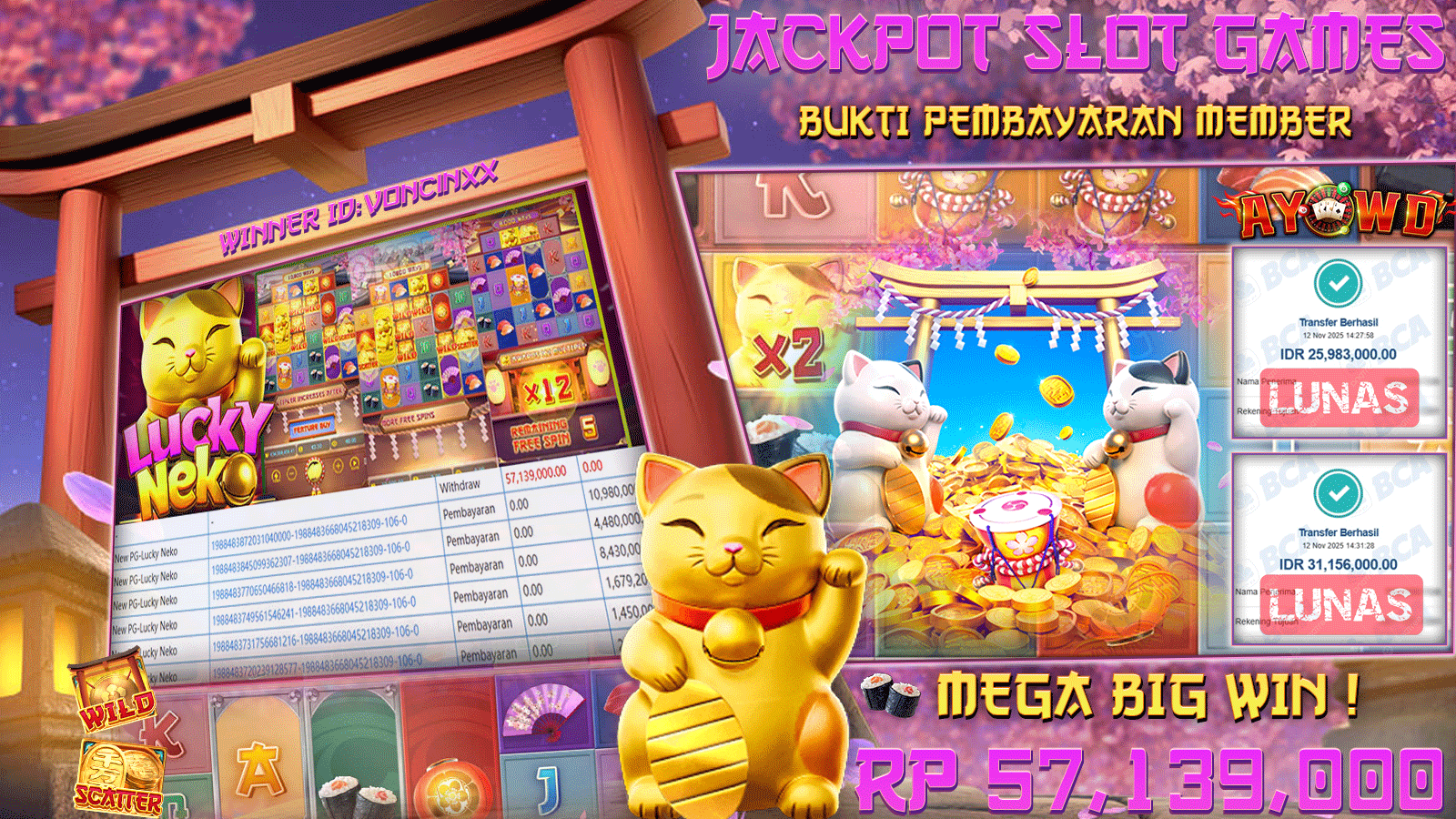 AYOWD JACKPOT SLOT GAMES NEW PG-LUCKY NEKO Rp 57,139,000,- LUNAS