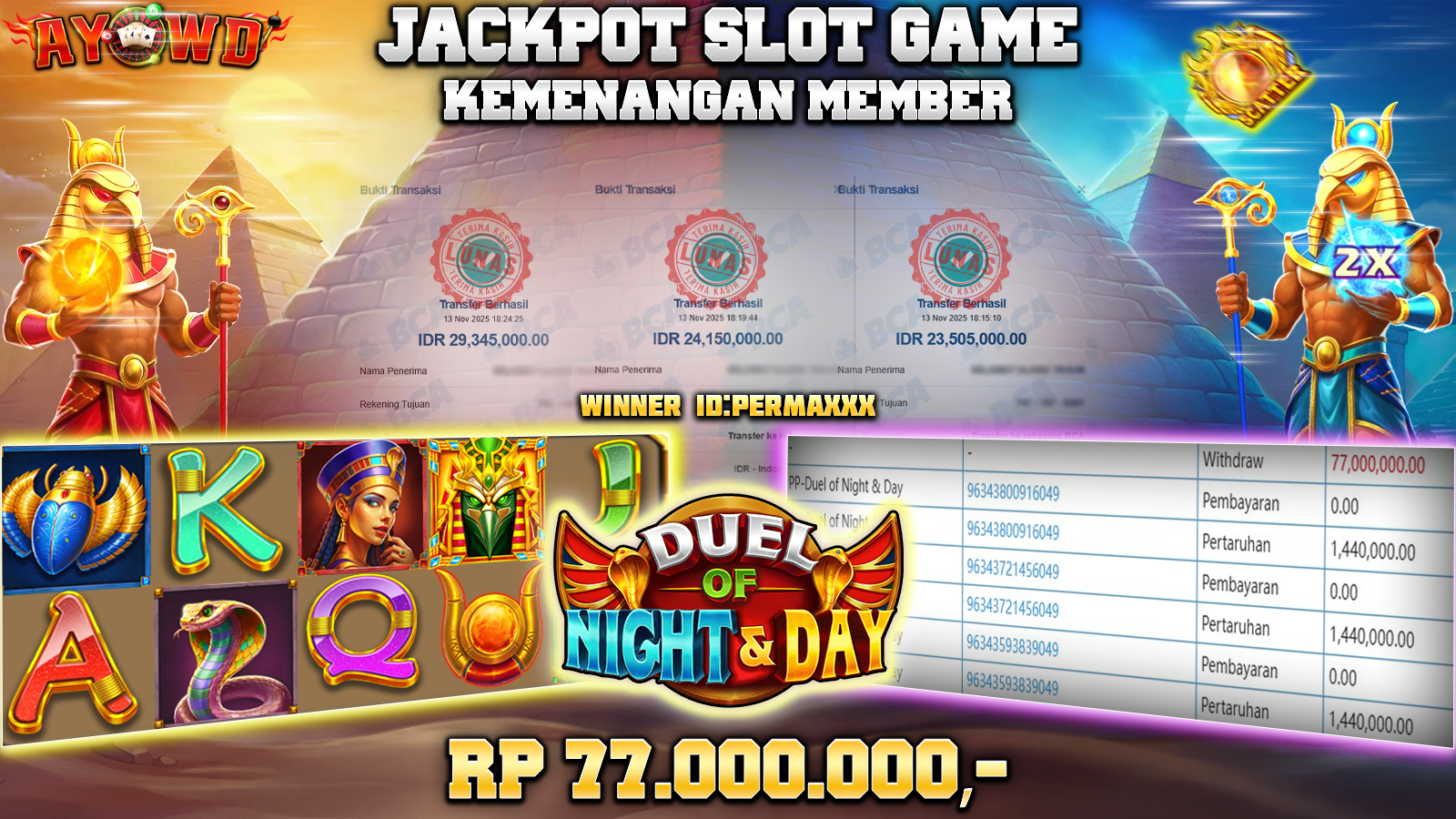 AYOWD JACKPOT SLOT GAMES PP-DUEL OF NIGHT&DAY Rp 77,000,000,- LUNAS