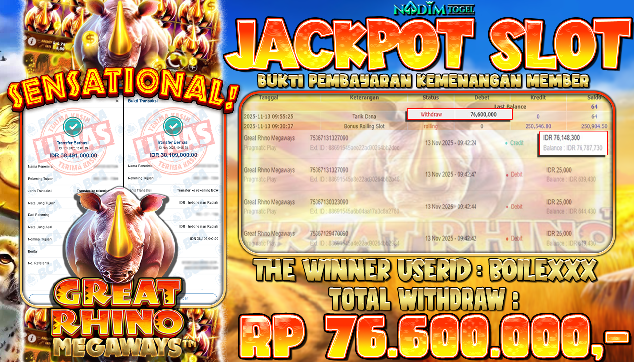 NADIMTOGEL JACKPOT SLOT GREAT RHINO MEGAWAYS Rp 76.600.000,- LUNAS