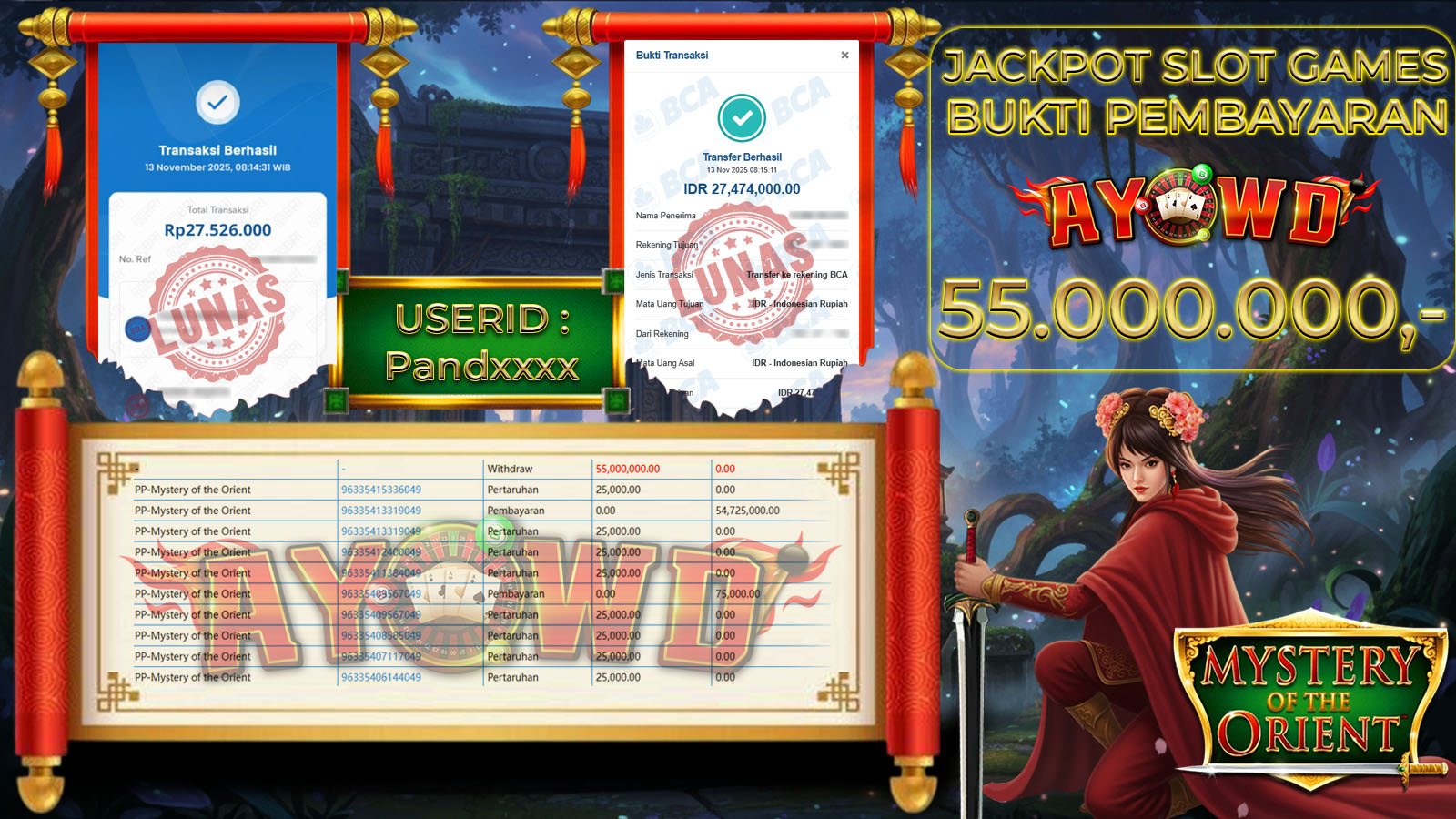 AYOWD JACKPOT SLOT GAMES PP-Mystery of the Orient Rp 55,000,000,- LUNAS