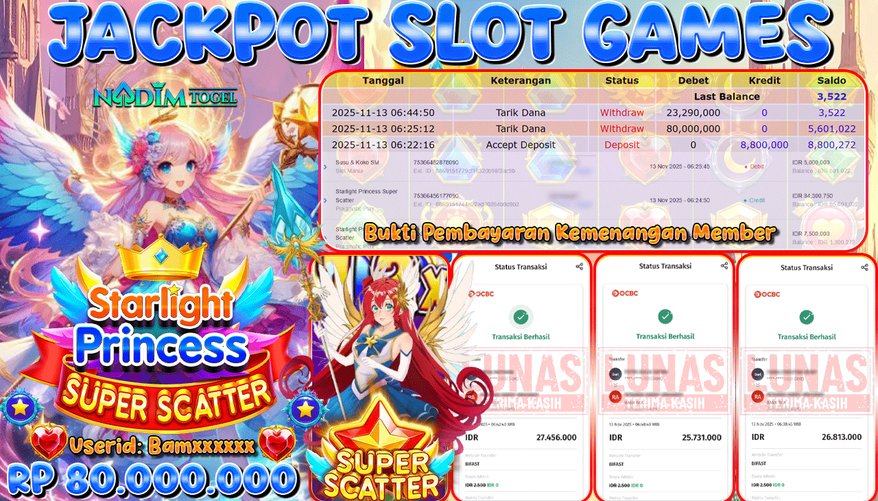 NADIMTOGEL JACKPOT SLOT STARLIGHT PRINCESS SUPER SCATTER Rp 80.000.000,- LUNAS