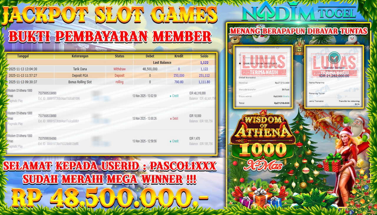 NADIMTOGEL JACKPOT SLOT WISDOM OF ATHENA 1000 XMAS - PRAGMATIC PLAY Rp 48.500.000,- LUNAS