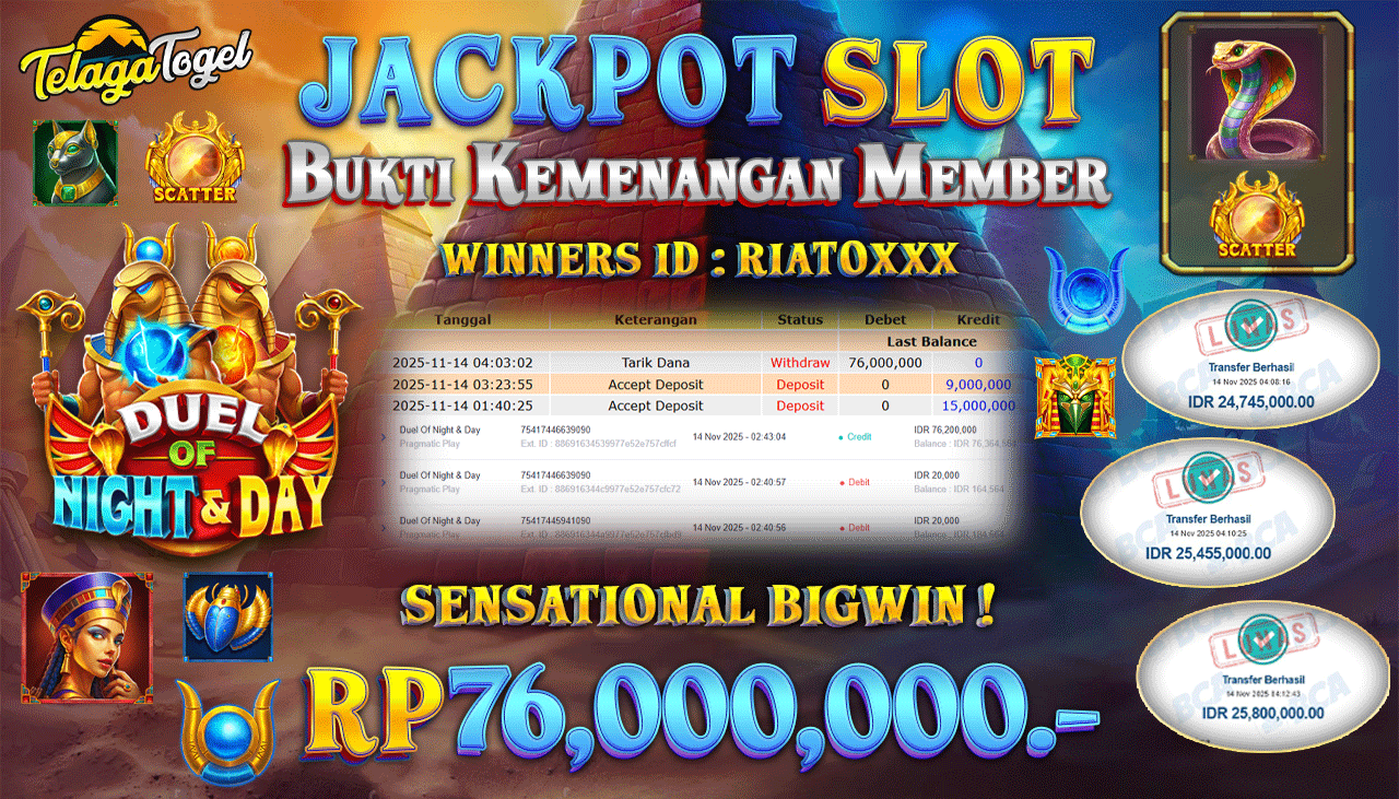TELAGATOGEL JACKPOT SLOT DUEL OF NIGHT & DAY Rp 76,000,000.- LUNAS  