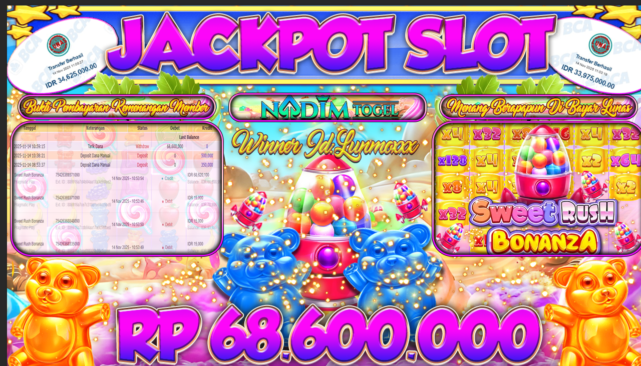 NADIMTOGEL JACKPOT SLOT SWEET RUSH BONANZA Rp 68.600.000,- LUNAS