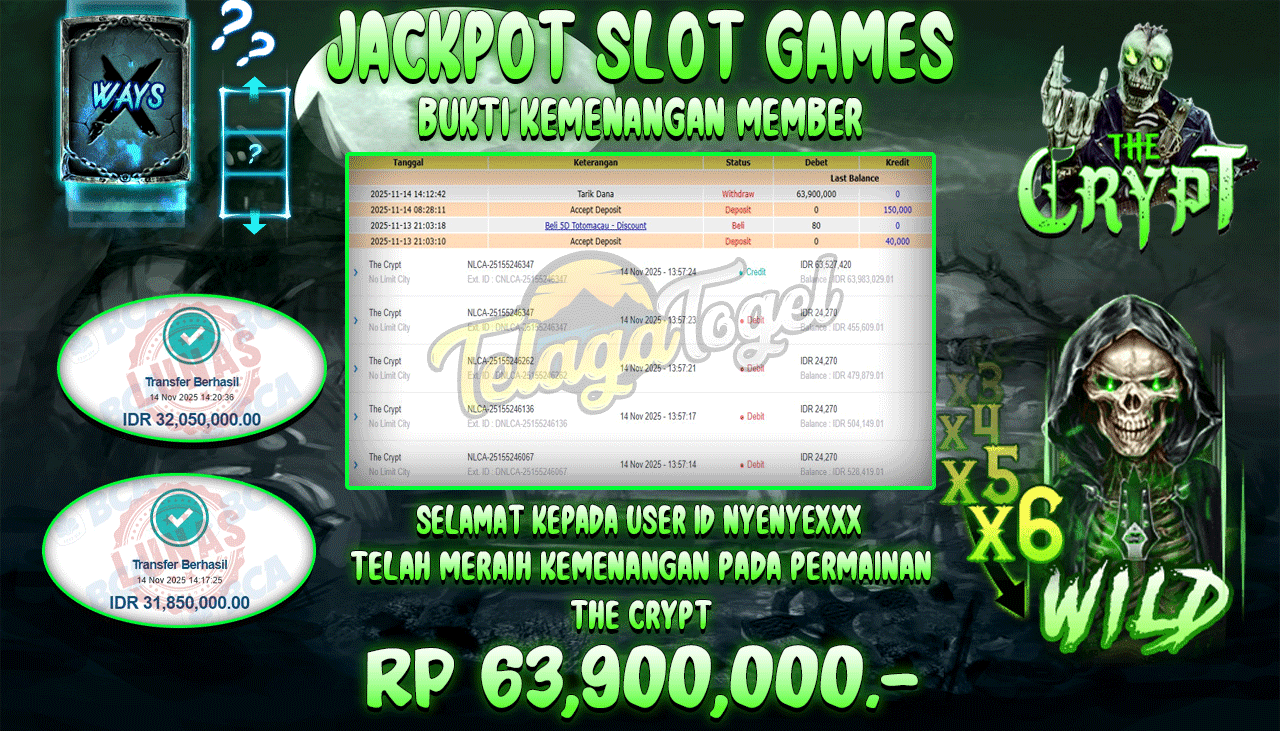 TELAGATOGEL JACKPOT SLOT THE CRYPT Rp 63,900,000.- LUNAS  
