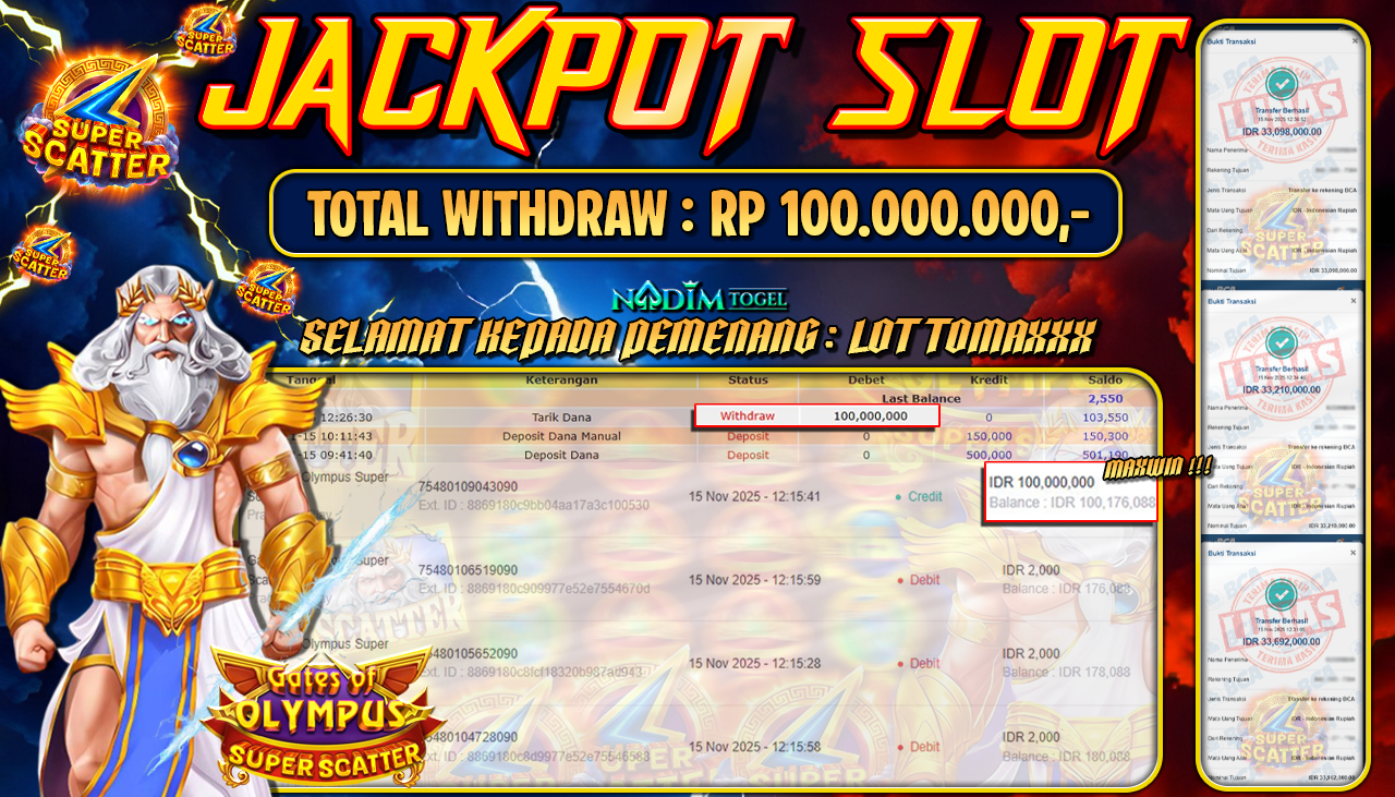 NADIMTOGEL JACKPOT SLOT GATES OF OLYMPUS SUPER SCATTER  Rp 100.000.000,- LUNAS