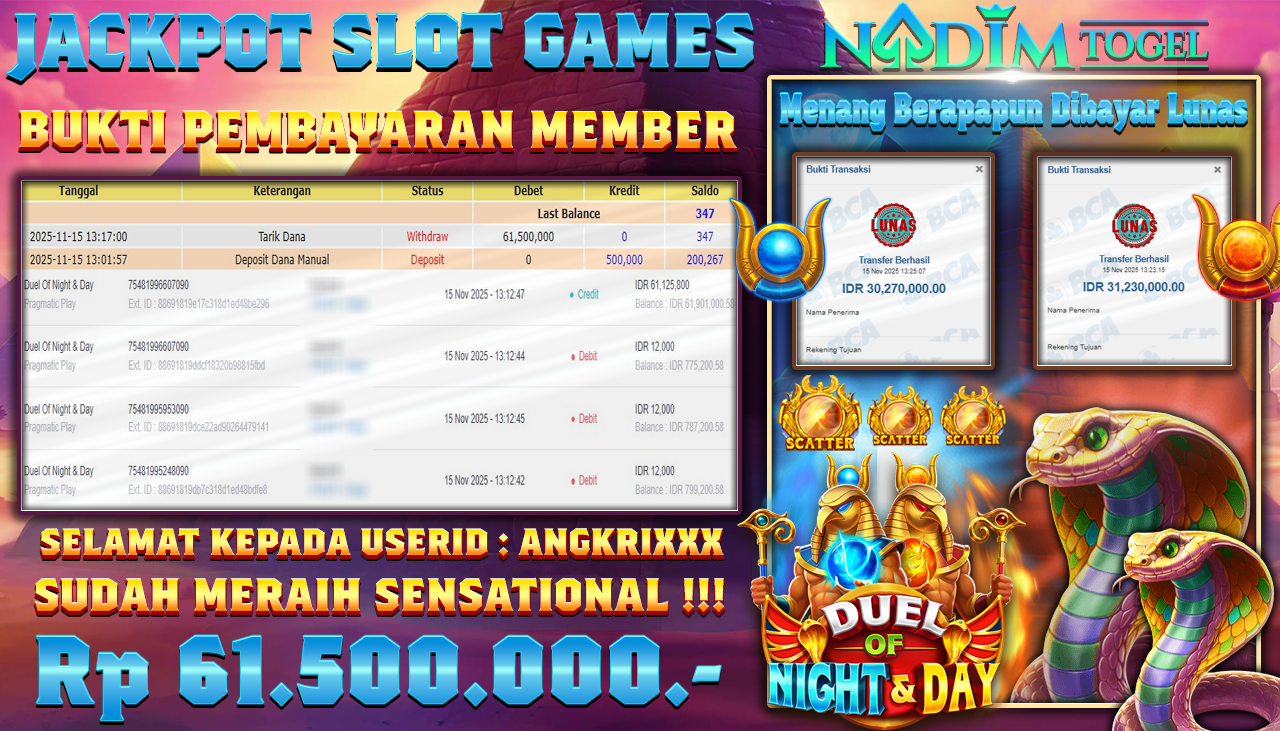 NADIMTOGEL JACKPOT SLOT DUEL OF NIGHT & DAY - PRAGMATIC PLAY Rp 61.500.000,- LUNAS