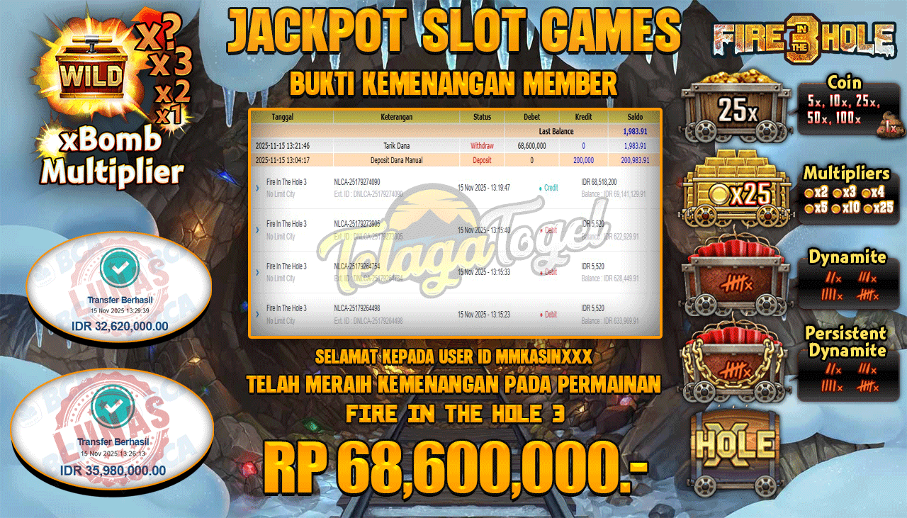 TELAGATOGEL JACKPOT SLOT FIRE IN THE HOLE 3 Rp 68,600,000.- LUNAS  