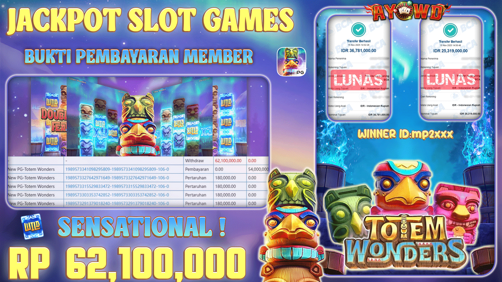 AYOWD JACKPOT SLOT GAMES NEW PG-TOTEM WONDERS Rp 62,100,000,- LUNAS