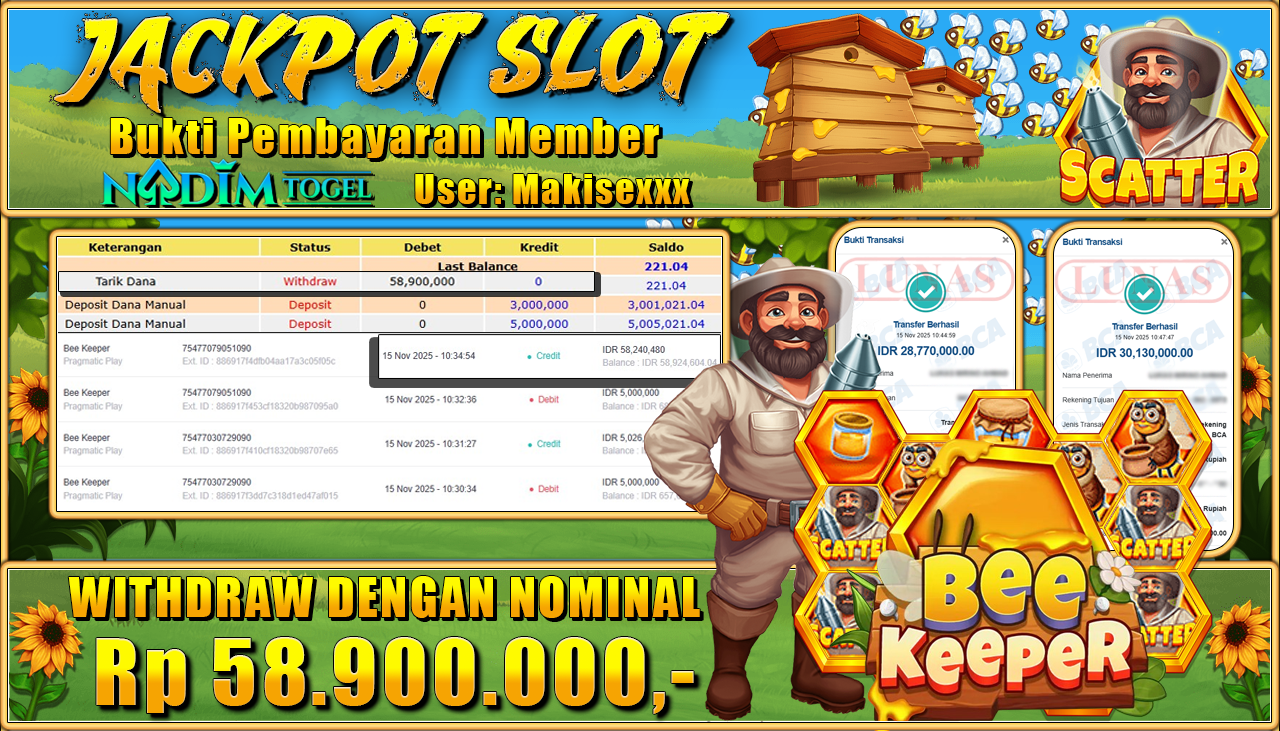 NADIMTOGEL JACKPOT SLOT BEE KEEPER Rp 58.900.000,- LUNAS