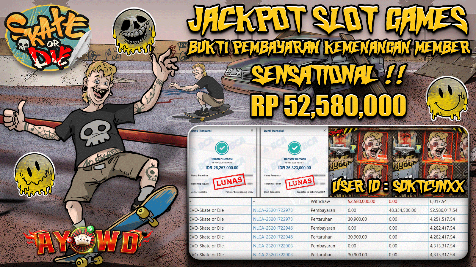 AYOWD JACKPOT SLOT GAMES EVO-Skate Or Die Rp 52,580,000.- LUNAS