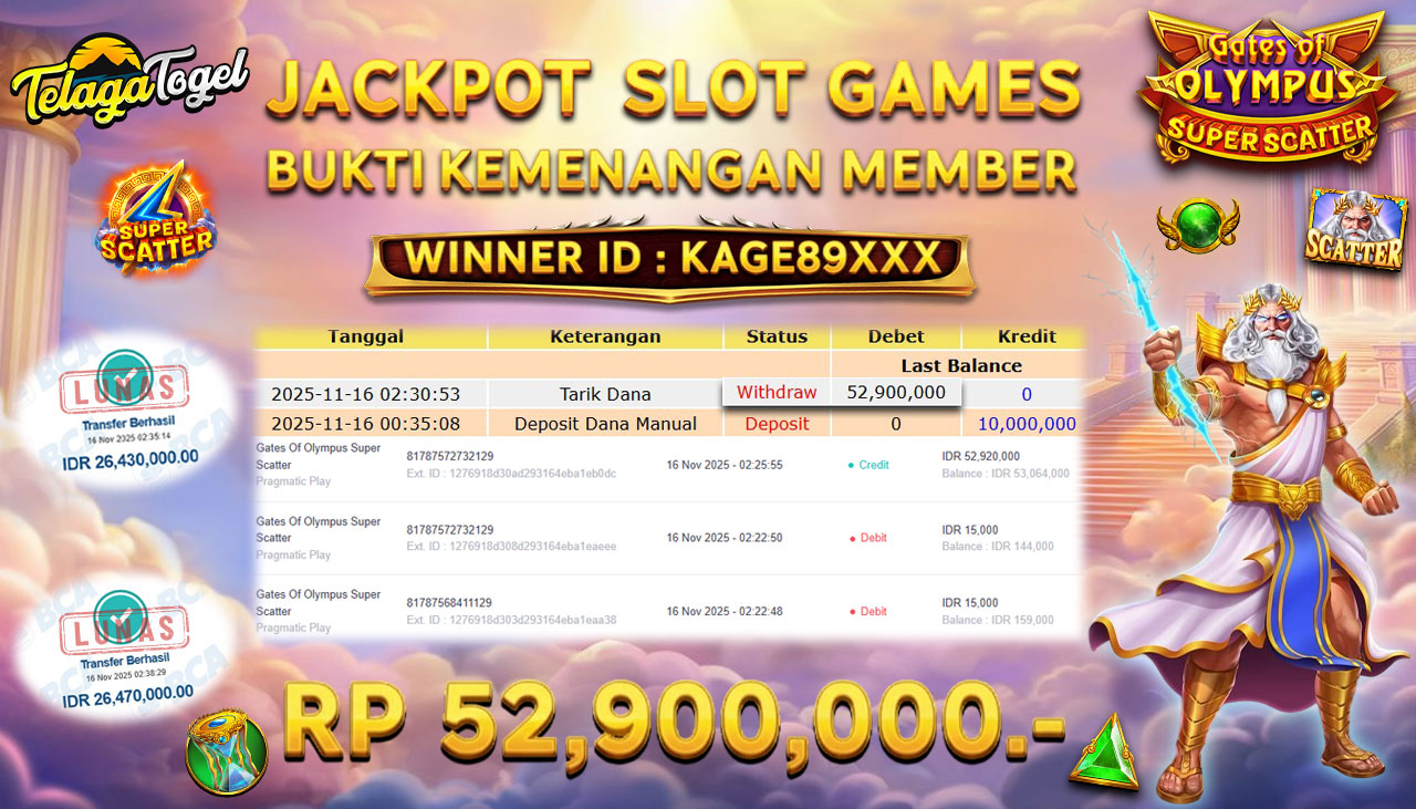 TELAGATOGEL JACKPOT SLOT GATES OF OLYMPUS SUPER SCATTER Rp 52,900,000.- LUNAS  