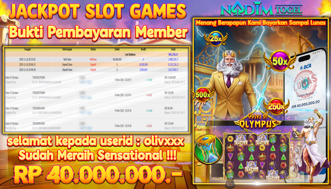 NADIMTOGEL JACKPOT SLOT GATES OF OLYMPUS - PRAGMATIC PLAY Rp 40.000.000,- LUNAS