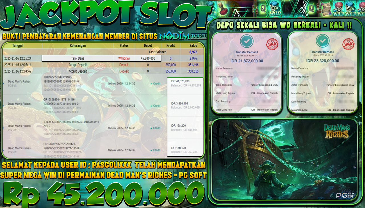NADIMTOGEL JACKPOT SLOT DEAD MANS RICHES Rp 45.200.000,- LUNAS