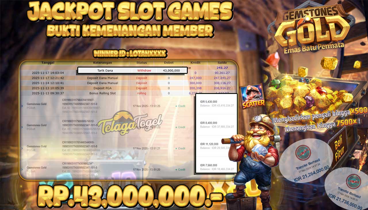 TELAGATOGEL JACKPOT SLOT GEMSTONES GOLD Rp 43,000,000.- LUNAS  