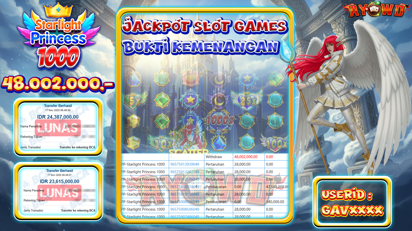 AYOWD JACKPOT SLOT GAMES PP-Starlight Princess 1000 Rp 48,002,000.- LUNAS