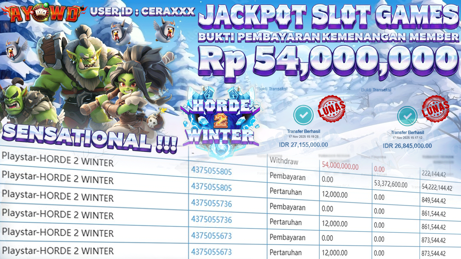 AYOWD JACKPOT SLOT GAMES Playstar-HORDE 2 WINTER Rp 54,000,000.- LUNAS
