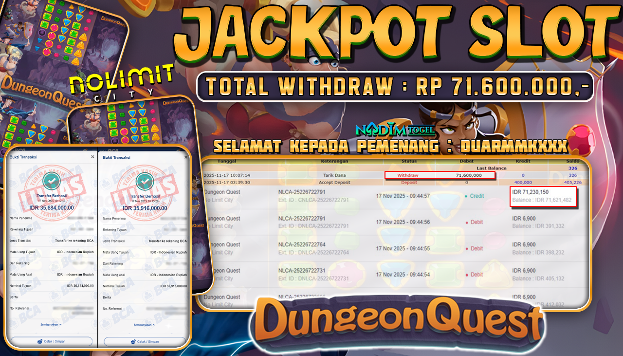 NADIMTOGEL JACKPOT SLOT DUNGEON QUEST  Rp 71.600.000,- LUNAS