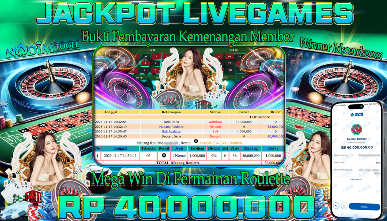 NADIMTOGEL JACKPOT LIVE GAMES ROULETTE Rp 40.000.000,- LUNAS