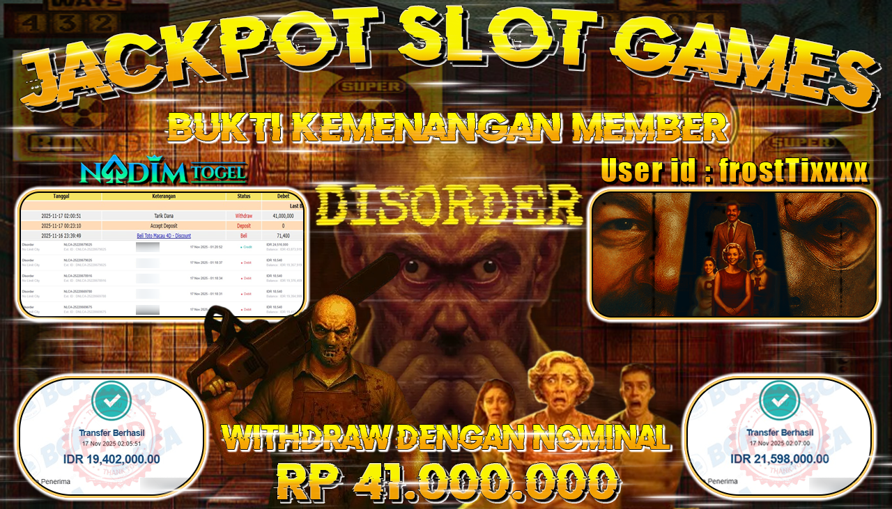 NADIMTOGEL JACKPOT SLOT DISORDER - NOLIMIT CITY Rp 41.000.000,- LUNAS