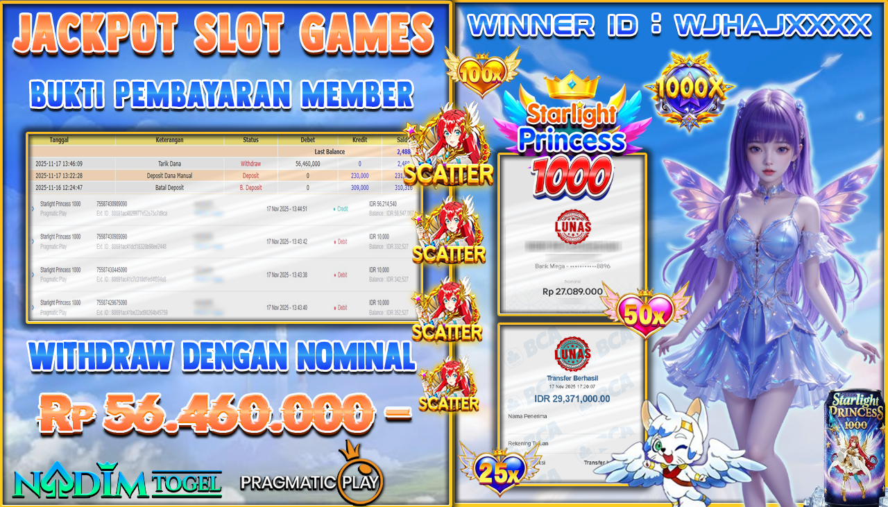 NADIMTOGEL JACKPOT SLOT STARLIGHT PRINCESS 1000 - PRAGMATIC PLAY Rp 56.460.000,- LUNAS
