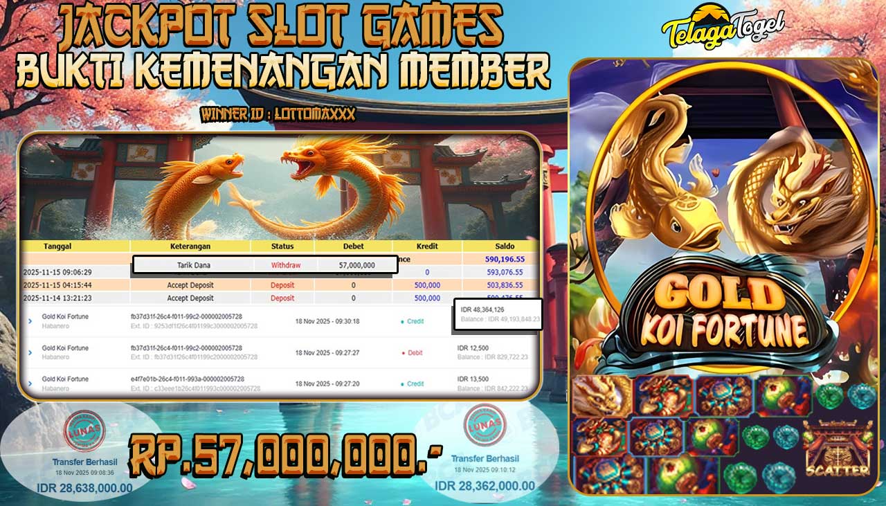 TELAGATOGEL JACKPOT SLOT GOLD KOI FORTUNE Rp 57,000,000.- LUNAS  