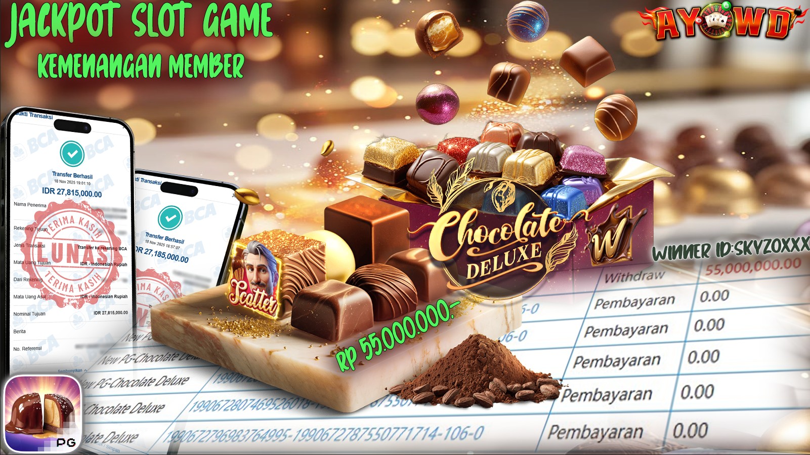 AYOWD JACKPOT SLOT GAMES NEW PG-CHOCOLATE DELUXE Rp 55,000,000.- LUNAS